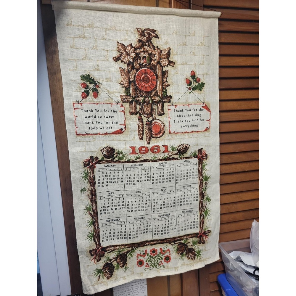 VTG 1961 Linen Calendar Towel Complete Original Hanging Dowel Cuckoo Clock MCM